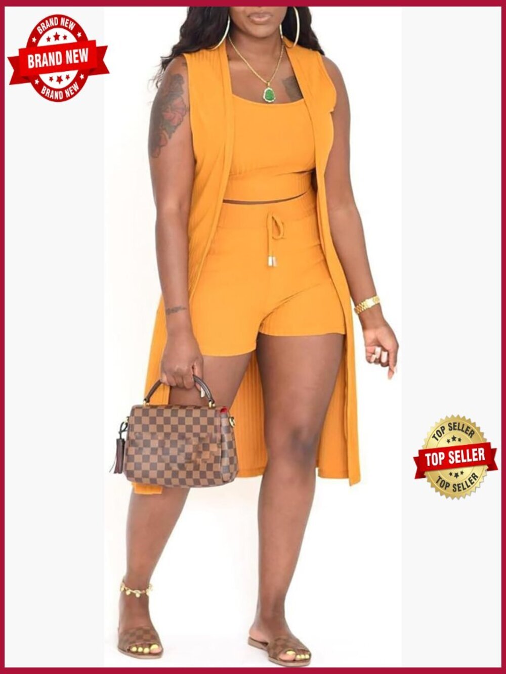 3 Piece Outfits Ribbed Sleeveless Kimono Cardigan Cover Up Tank Crop Tops